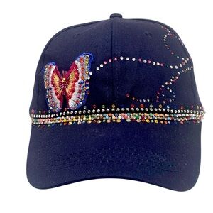 Navy Blue Ladies Bling Shiny Rhinestone accent Butterfly Baseball Cap Hat
